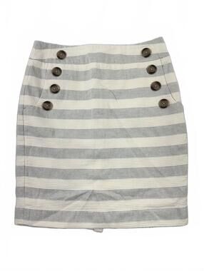 LOFT Petite Striped Button Front Pencil Skirt in Gray and Cream Preppy